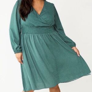 Draper James RSVP Green Polka Dot Smocked Waist Long Sleeve Midi Dress Size 1X
